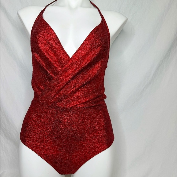 NWT Red Glitter Plunge Neckline Crossover Halter BodySuit Size Medium - Picture 2 of 4